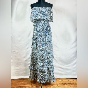 She + Sky Blue and Cream Ruffled Leopard Print Strapless Maxi Dress | Size Med